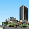 Modern Commercial Street Scene with Tall Glass Building Shops Vehicles Pedestrians and Urban Greenery