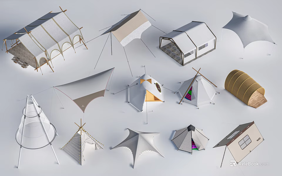 Various Types of Camping Tents with Different Designs and Outdoor Styles 3d model 
