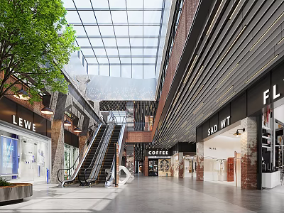 Modern Shopping Mall Retail Stores With Glass Skylight Escalator Green Plants And Spacious Corridor 3d model