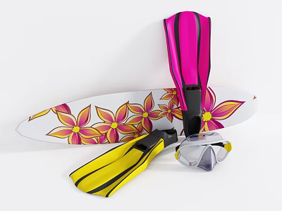 Water Sports Equipment Featuring White Floral Surfboard Pink Yellow Fins And Dive Mask 3d model