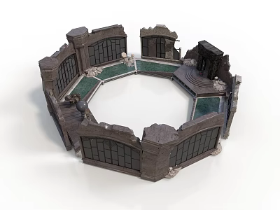 Ruined Octagonal Building Structure With Broken Walls Windows And Green Floor 3d model