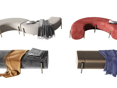 Modern Sofa Stools With Velvet Upholstery Metal Legs And Decorative Blankets 3d model