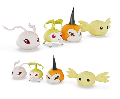 Cute Colorful Cartoon Plush Dolls With Spiky Horns Winged Ears And Big Red Eyes 3d model