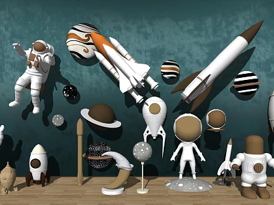Space Theme Decorative Ornament Set with Astronaut Rocket and Planet Models 3d model