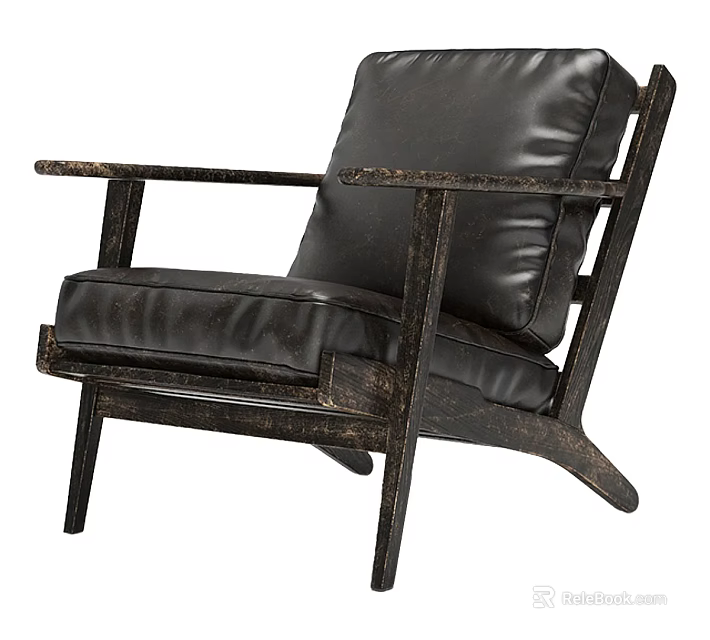 Vintage Style Leisure Chair With Distressed Wooden Frame And Black Leather Cushion 3d model 