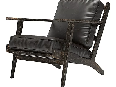 Vintage Style Leisure Chair With Distressed Wooden Frame And Black Leather Cushion 3d model