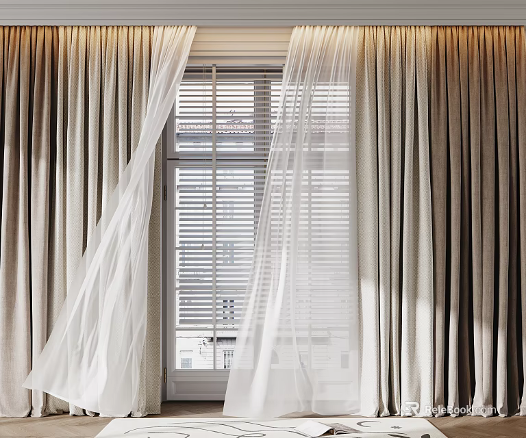 Elegant Double Layer Curtains With Sheer White Panels And Beige Drapes By Window 3d model 