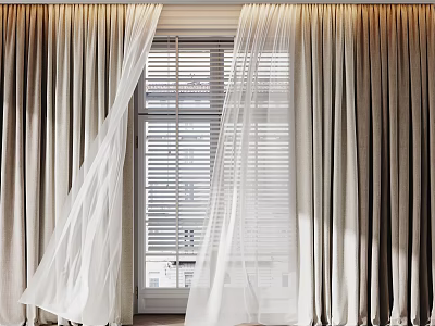 Elegant Double Layer Curtains With Sheer White Panels And Beige Drapes By Window 3d model