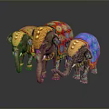 Three Colorful Decorative Elephant Figurines With Vibrant Patterns And Ornate Details