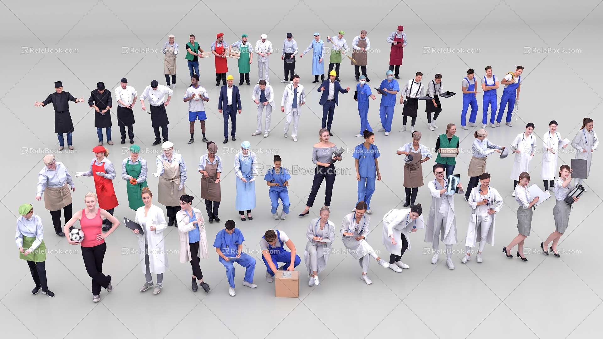 Many people in various occupations. 3d model