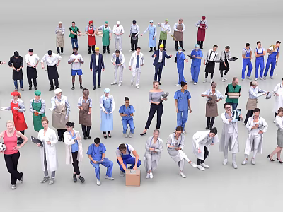 Diverse Group of People from Different Professions Standing Together in Various Outfits 3d model