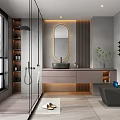 Modern Bathroom Interior Featuring Glass Shower Round Mirror Gray Walls Vanity Bathtub And Potted Plant