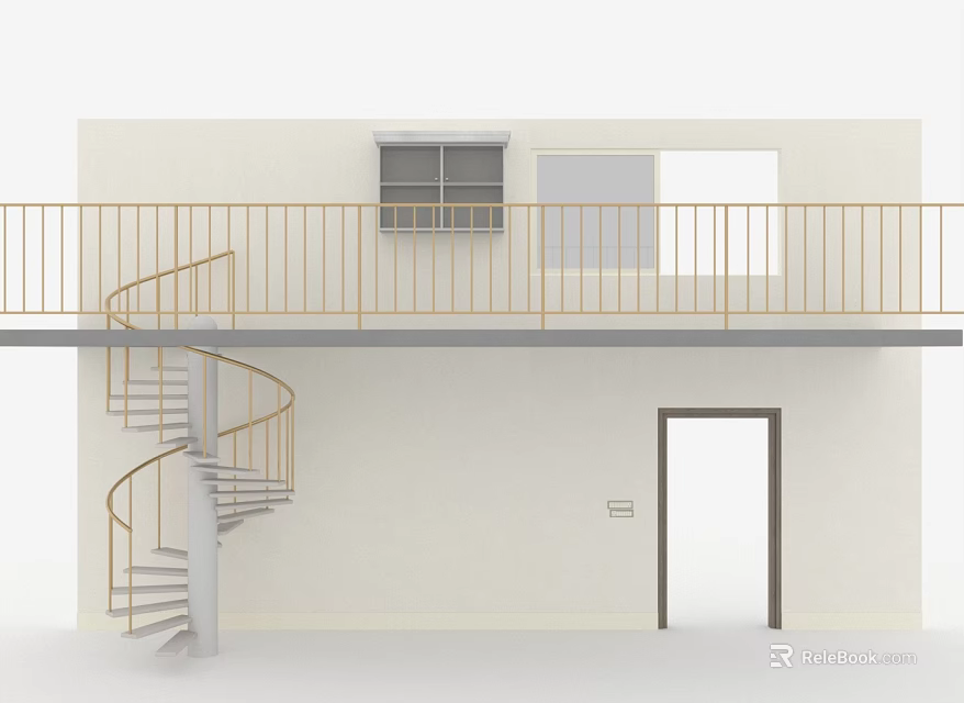 Spiral Staircase in Two Story Building with White Walls Upper Balcony Gold Railing and Door 3d model 