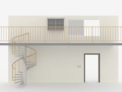 Spiral Staircase in Two Story Building with White Walls Upper Balcony Gold Railing and Door 3d model