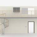 Spiral Staircase in Two Story Building with White Walls Upper Balcony Gold Railing and Door