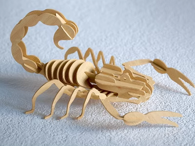 Handmade Wooden Block Scorpion Model With Detailed Joints And Natural Wood Finish 3d model