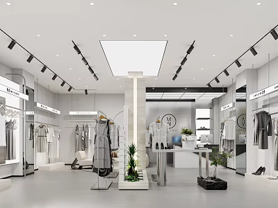 Modern Clothing Store Interior With Displayed Clothes Clothing Racks Lighting And Decorative Plants 3d model
