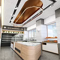 Dessert Shop Interior Design With Marble Counter Pendant Lights And Display Shelves