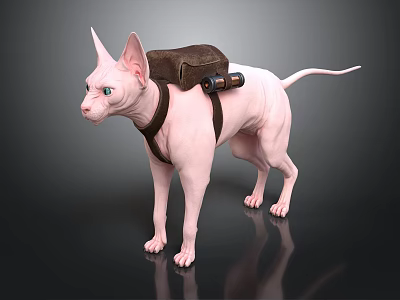 Pink Sphynx Cat Wearing Brown Backpack With Black Flashlight Accessory 3d model