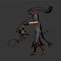 Horned Fantasy Creature Character With Flame Ribbons Holding Lantern Staff And Red Pants