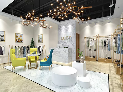 Modern Clothing Store Interior With Clothing Racks Marble Reception Desk And Chandelier 3d model
