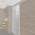 Public Restroom Interior With Tiled Walls Mirror Toilet Sink Yellow Grab Bars And Glass Partition