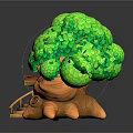 Cute Cartoon Tree House Scene With Green Mushroom Leaves Brown Trunk Wooden Door Round Windows