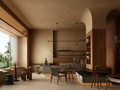 Cozy Modern Cafe Interior Design With Wooden Furniture Bar Counter And Natural Lighting Atmosphere 3d model