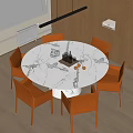 Elegant Round Marble Dining Table Set With Brown Chairs And Wooden Cabinets 3d model