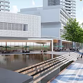 Modern Plaza Landscape With Palm Trees Seating Area And Paved Ground