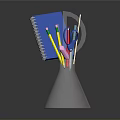 Stationery Organizer Glass Cone Shaped Container Holding Blue Notebook Colored Pencils Scissors And Pencils