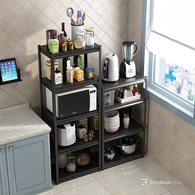 Multifunctional Kitchen Storage Shelf With Microwave Blender Cookware And Spice Jars 3d model 