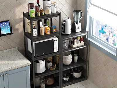 Multifunctional Kitchen Storage Shelf With Microwave Blender Cookware And Spice Jars 3d model