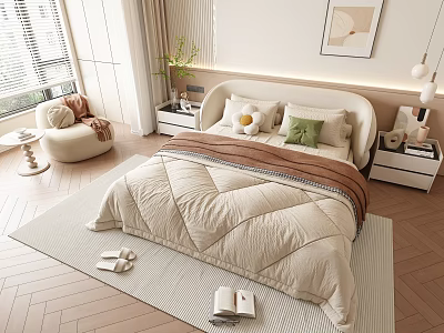 Modern Cozy Double Bed Interior with Striped Quilt Green Pillows Nightstand Wooden Floor Rug 3d model