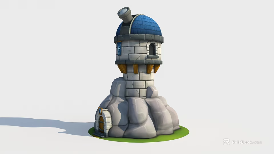 Cartoon Castle Tower With Blue Dome Small Windows Door And Rocky Stone Base 3d model 