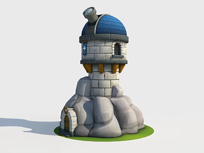 Cartoon Castle Tower With Blue Dome Small Windows Door And Rocky Stone Base 3d model