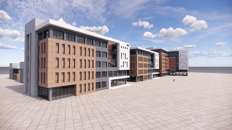 Modern Multi Story Industrial Factory Buildings With Colored Facades And Large Windows 3d model 