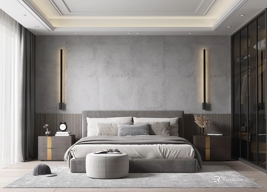 Elegant Modern Bedroom Interior With Gray Wall Bedside Lamps Nightstands Ottoman And Rug 3d model 