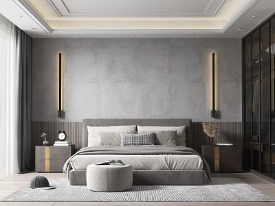 Elegant Modern Bedroom Interior With Gray Wall Bedside Lamps Nightstands Ottoman And Rug 3d model
