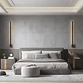 Elegant Modern Bedroom Interior With Gray Wall Bedside Lamps Nightstands Ottoman And Rug