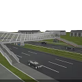 Sleek Modern Landscape Bridge Design In Urban Environment With Tall Building Road And Grassland
