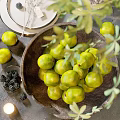 Fresh Decorative Arrangement With Limes In Wooden Bowl Blackberries Candle And Green Leaves