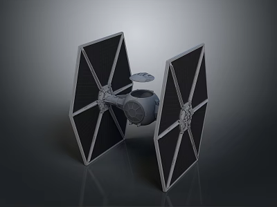 Detailed TIE Fighter Model with Hexagonal Wings and Central Cockpit on Dark Surface 3d model
