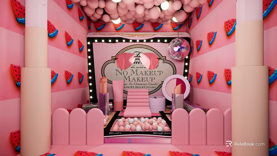 Pink Themed Instagrammable Photo Spot with Hanging Balloons Watermelon Decorations Makeup Products and Disco Ball 3d model 