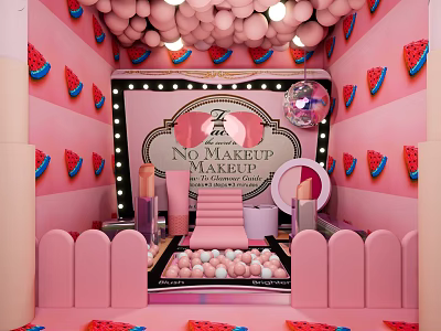 Pink Themed Instagrammable Photo Spot with Hanging Balloons Watermelon Decorations Makeup Products and Disco Ball 3d model
