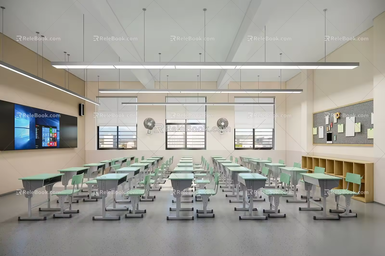 School classroom desks and chairs all-in-one machine felt board wall fan ordinary classroom training classroom 3d model