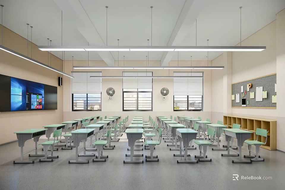 Modern School Classroom Interior With Desks Chairs And Screen 3d model 