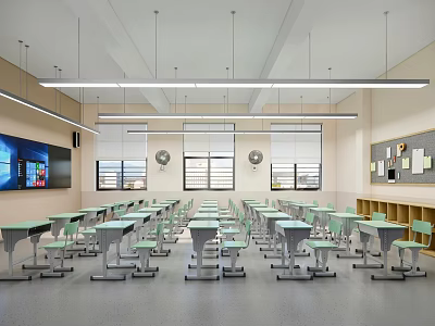 Modern School Classroom Interior With Desks Chairs And Screen 3d model