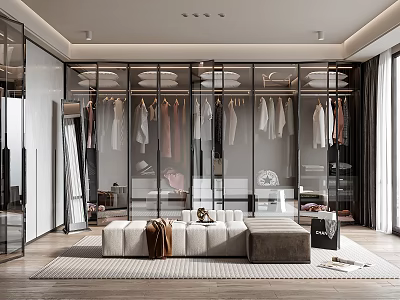 Modern Walk in Closet With Glass Walls Hanging Clothes And Sofa 3d model