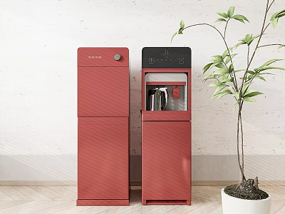 Modern Red Standing Water Dispensers With Green Plant Light Wall And Wooden Floor 3d model